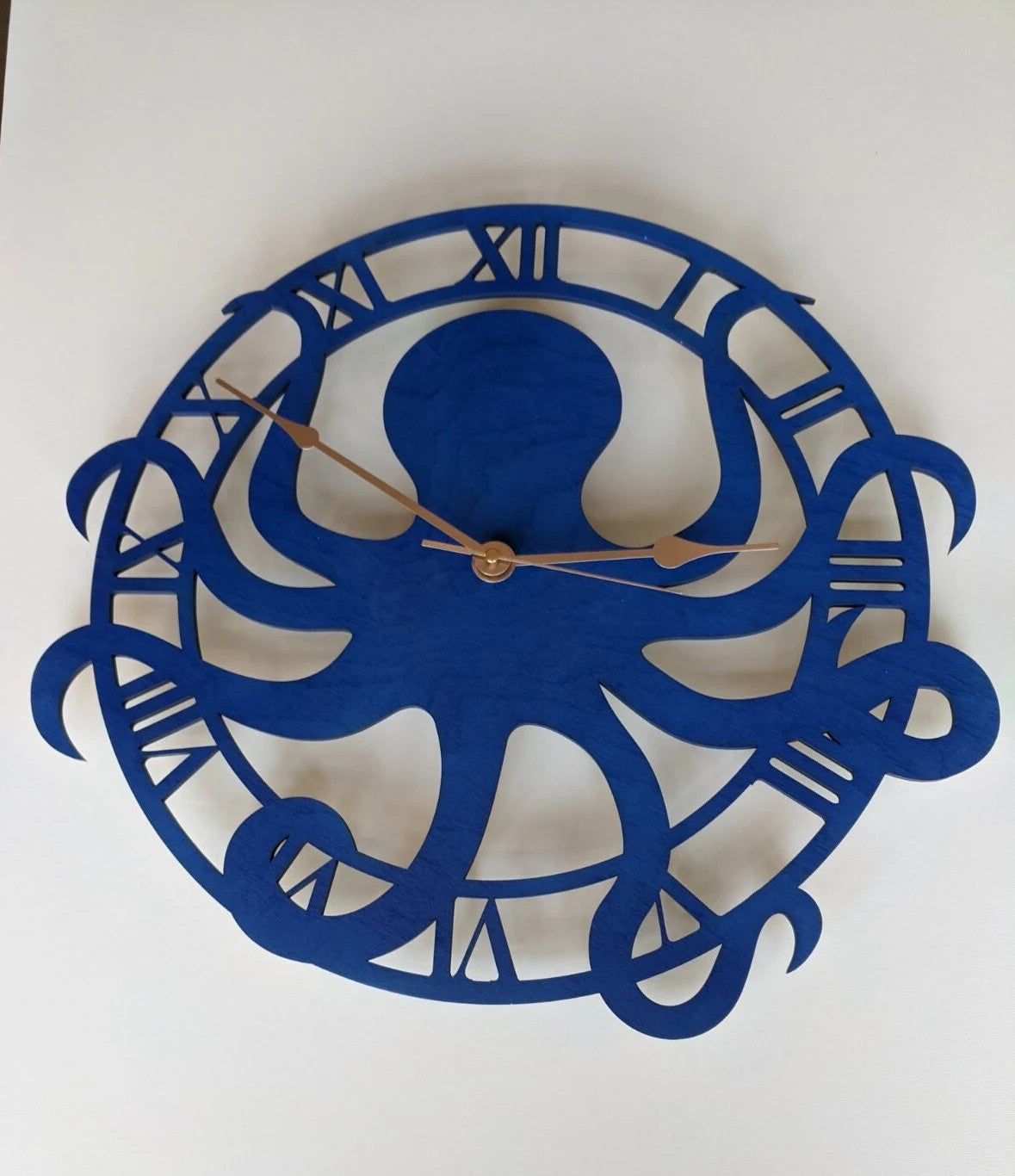 Octopus silhouette clock, coastal home decor, golden hands detail