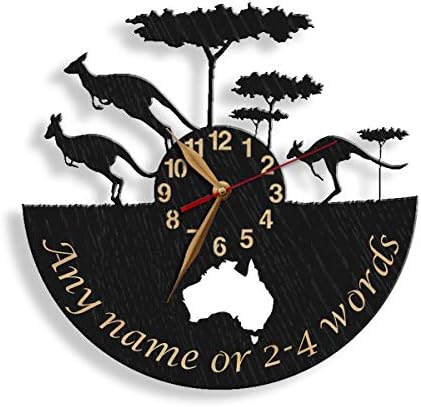 Personalized wall clock with kangaroos, trees, and Australia map – custom name engraved.