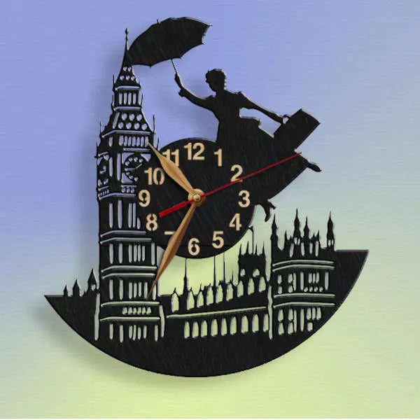 Wall clock with Mary Poppins silhouette flying over Big Ben and London skyline