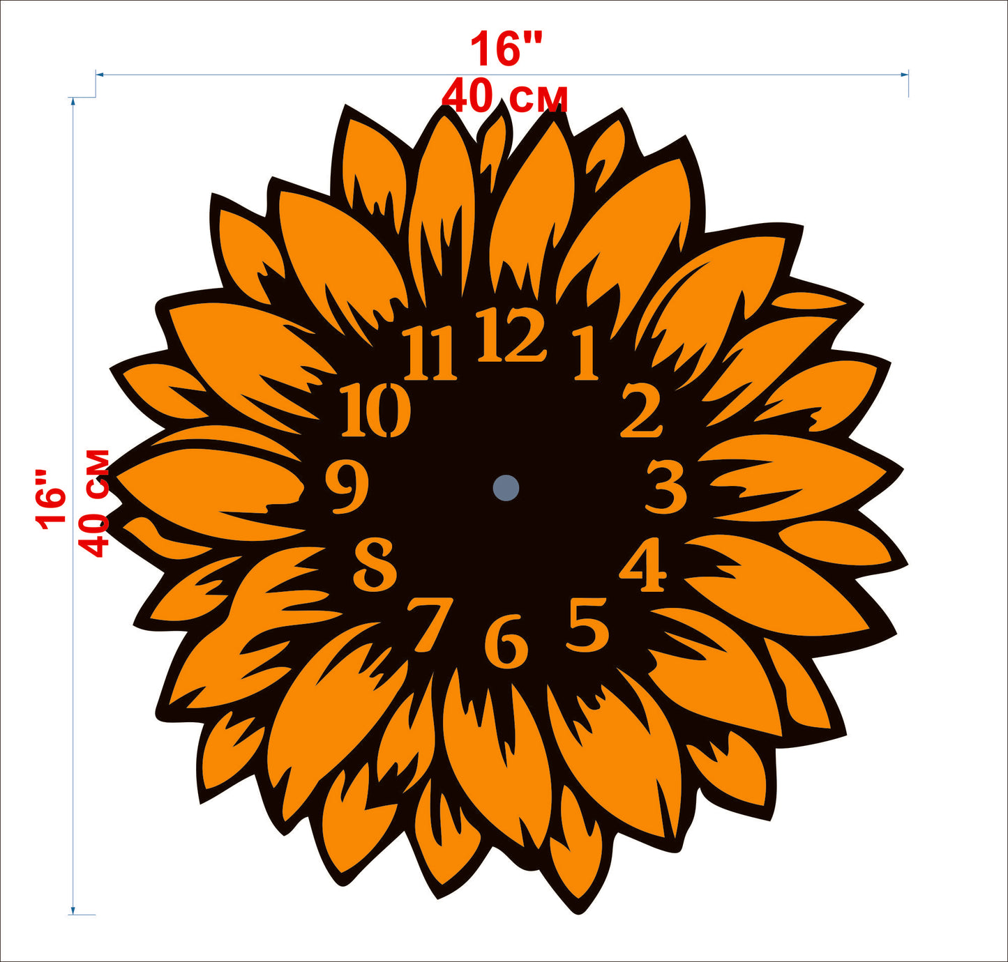 Sunflower wall clock diagram with 16 inch (40 cm) size label