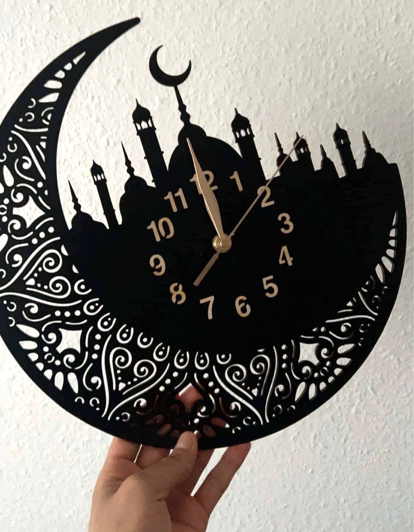 Decorative crescent moon wall clock with mosque ornate and arabesque pattern