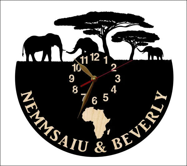 Black wooden wall clock with elephant silhouettes and custom names