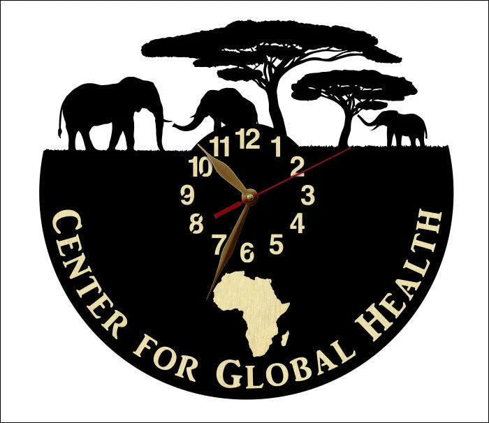 Elephant family motif encircling clock face and bespoke text