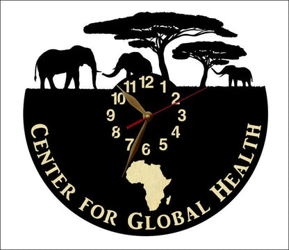 Elephant family motif encircling clock face and bespoke text