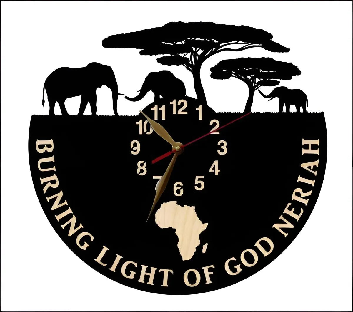 Side view of elephant and acacia tree silhouette on round personalized clock face