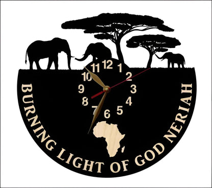 Side view of elephant and acacia tree silhouette on round personalized clock face