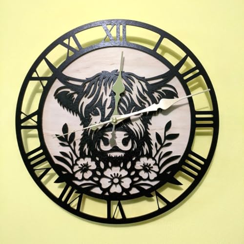 Decorative highland cow wall clock with floral border for cottage-core nursery 