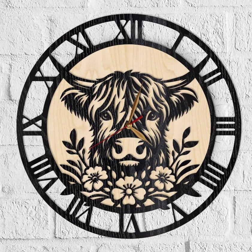 Barn-style living room with Highland cow timepiece