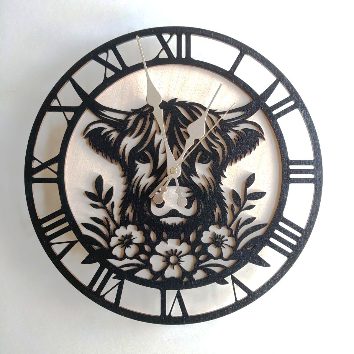 Rustic wall clock featuring cow and wildflowers