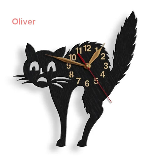 A wall clock with a silhouette of a surprised black cat design