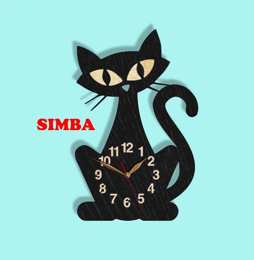 Whimsical black cat silhouette wall clock – non-ticking wooden clock