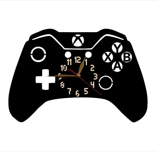 Gamer room wall clock shaped like next-gen gamepad