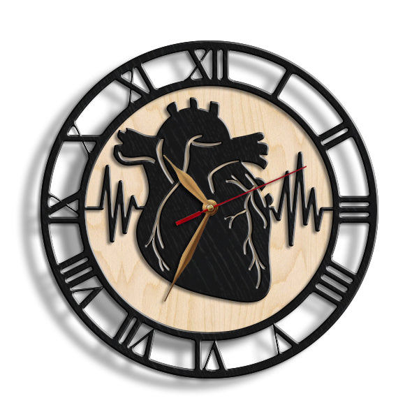 Wooden non-ticking wall clock for heart doctors – ideal clinic or office decor