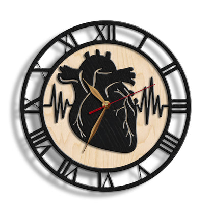 Wooden non-ticking wall clock for heart doctors – ideal clinic or office decor