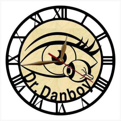 A personalized custom wall clock with detailed eye pattern