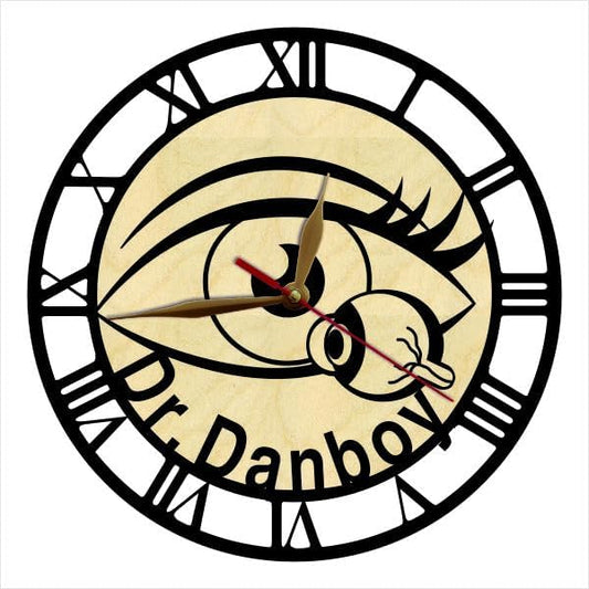 A personalized custom wall clock with detailed eye pattern