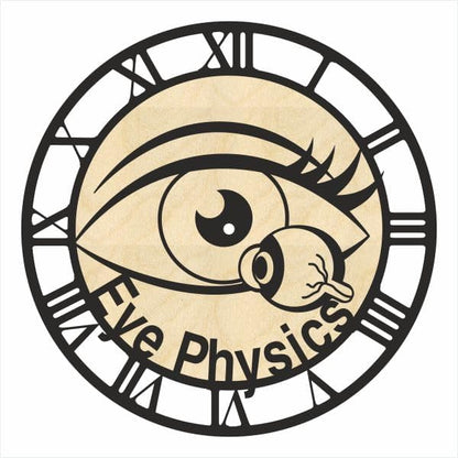 wall clock with an eye and eyeball design featuring the clinic name