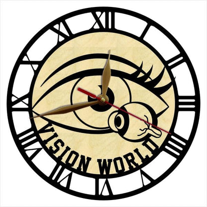 Laser-cut wall clock showing an artistic eye with a detached eyeball motif