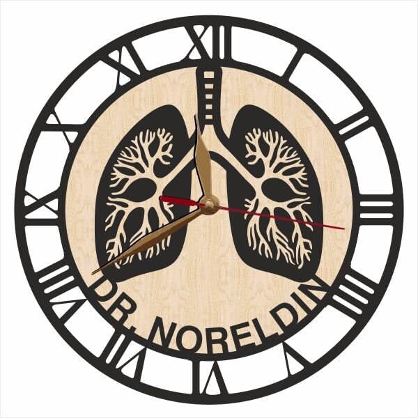 Laser-cut wood wall clock featuring lungs – gift for pulmonologist or respiratory therapist