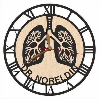 Laser-cut wood wall clock featuring lungs – gift for pulmonologist or respiratory therapist