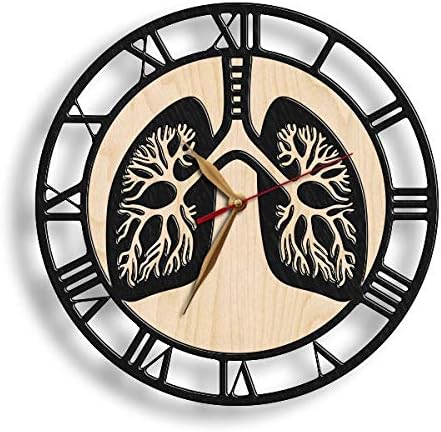 Wood wall clock with lung illustration – medical office decor for chest medicine