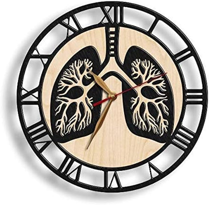 Wood wall clock with lung illustration – medical office decor for chest medicine