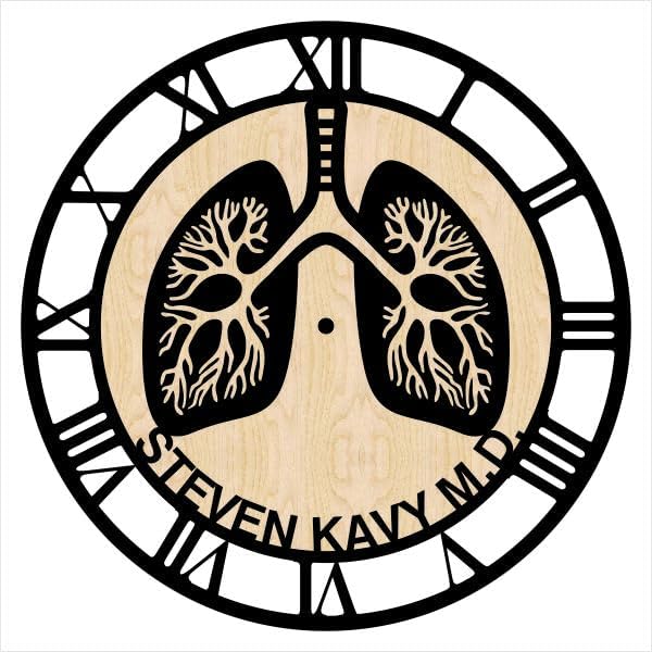Non-ticking wall clock with Roman numerals and lungs – personalized for lung specialist