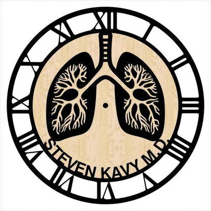Non-ticking wall clock with Roman numerals and lungs – personalized for lung specialist