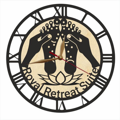 Reflexology wall clock featuring custom clinic name and calming foot care symbols