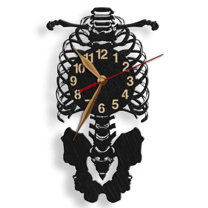 Anatomical wall clock shaped like a human skeleton torso with ribcage and pelvis design