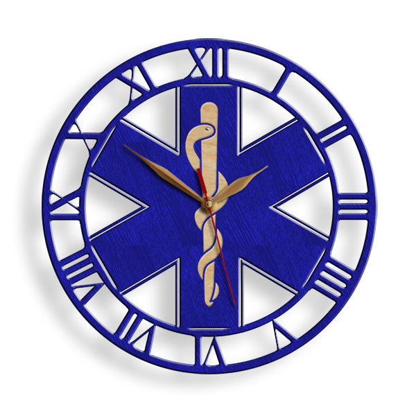 Star of Life wooden wall clock with Rod of Asclepius – ideal gift for EMT or paramedic