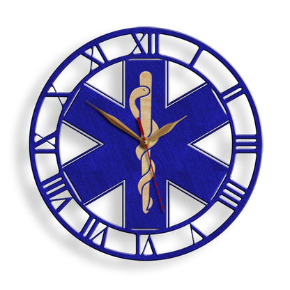 Star of Life wooden wall clock with Rod of Asclepius – ideal gift for EMT or paramedic
