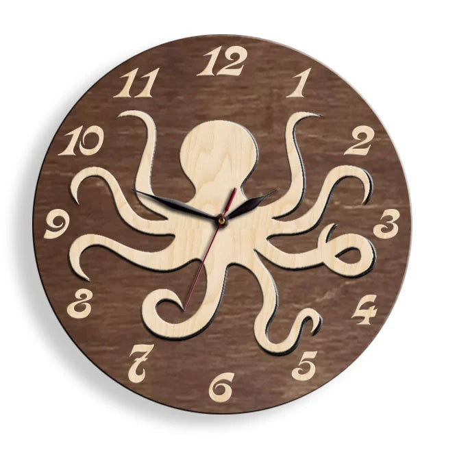 Round brown wooden wall clock with light wood octopus silhouette – marine life wall art