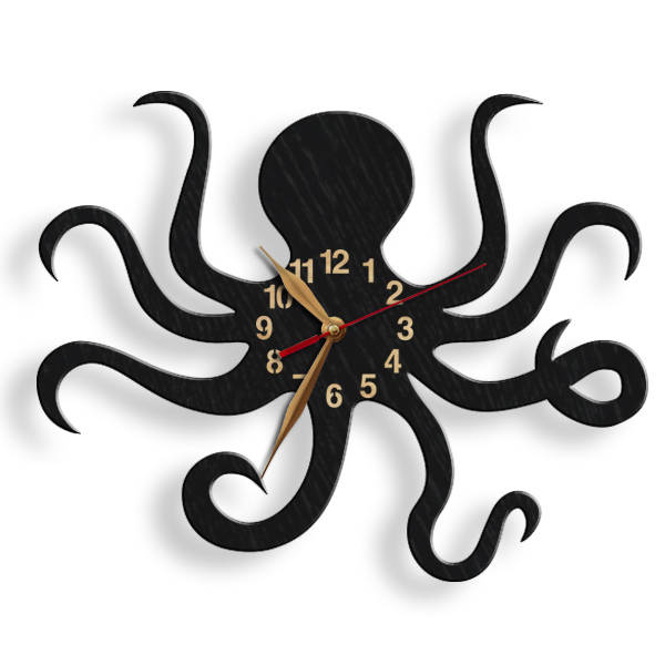 Black wooden wall clock in the shape of an octopus – marine life decor for ocean lovers