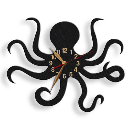 Black wooden wall clock in the shape of an octopus – marine life decor for ocean lovers