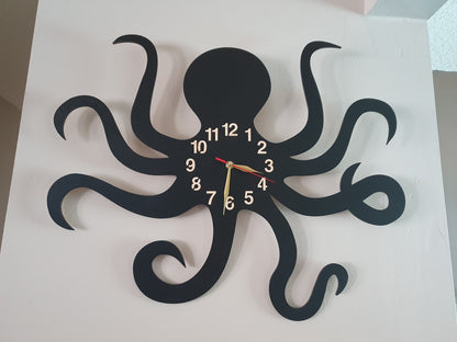 Close-up of octopus clock tentacles – marine-themed wooden wall art
