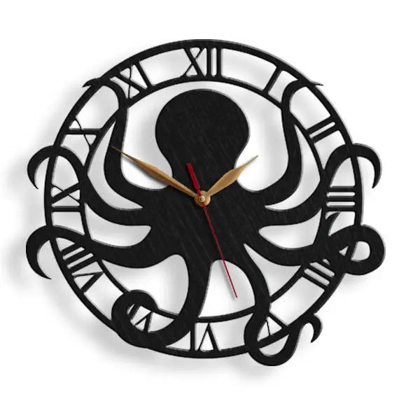 Laser-cut birch plywood octopus clock, detailed cutout pattern