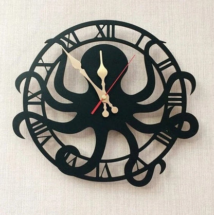 Handmade marine-themed octopus clock in matte black plywood