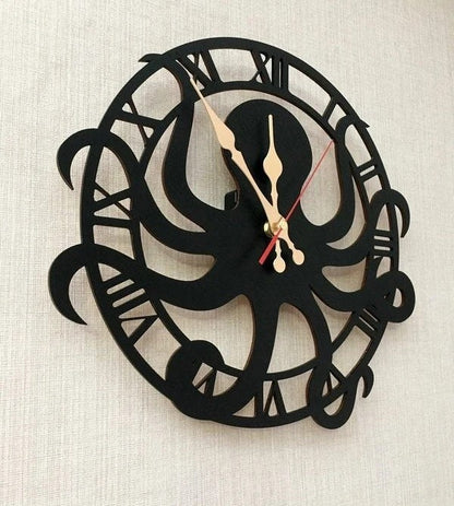 Black octopus wall clock, nautical decor with Roman numeral ring