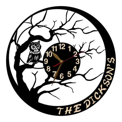 Decorative custom owl wall clock with family name