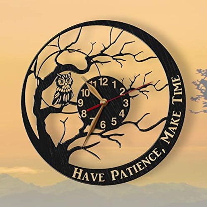 Rustic forest owl wall clock with carved branches
