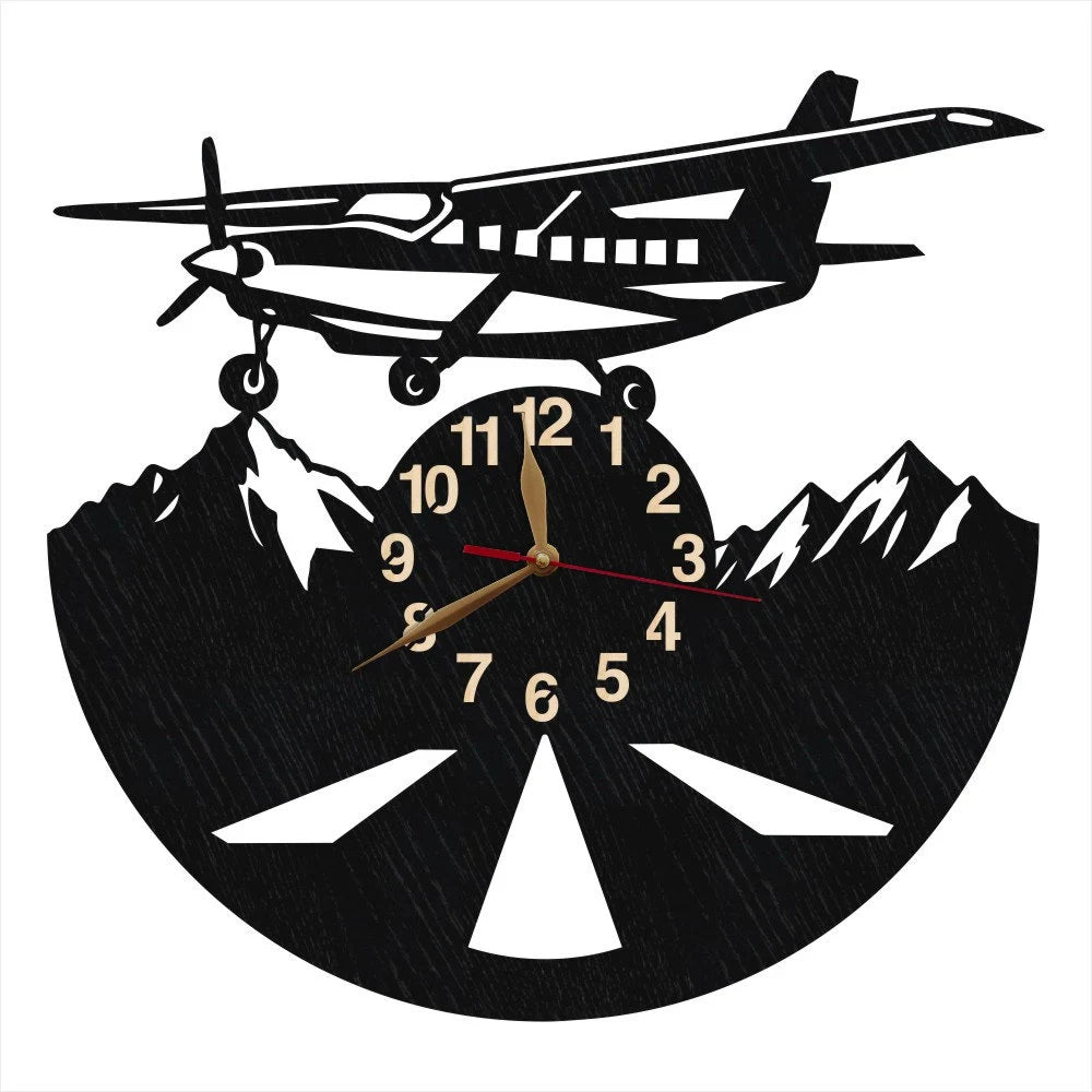 Rustic aviation wall clock with plane over snowy mountains