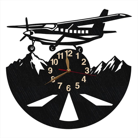 Rustic aviation wall clock with plane over snowy mountains