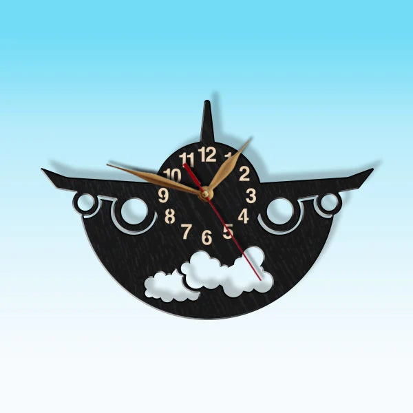 Stylish aviation clock with golden hands and black airplane shape