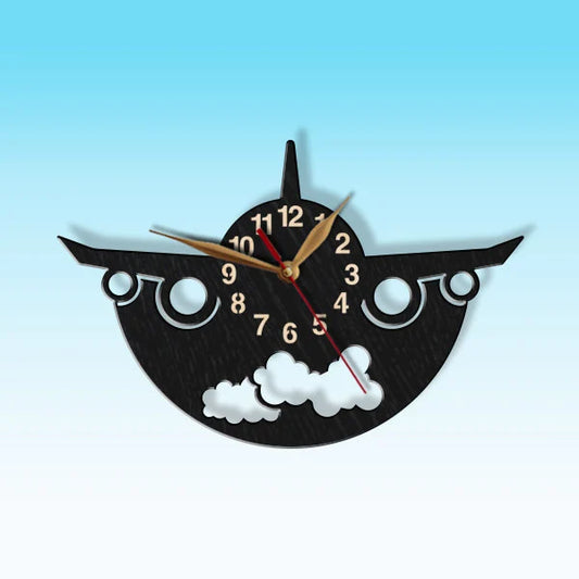 Stylish aviation clock with golden hands and black airplane shape