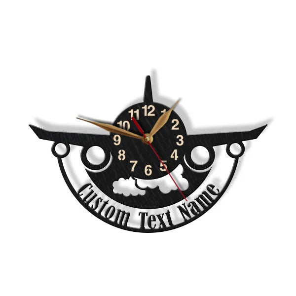 Decorative wall clock with airplane design and customizable text