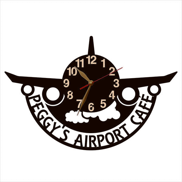 Aviation cafe-themed clock with cafe name
