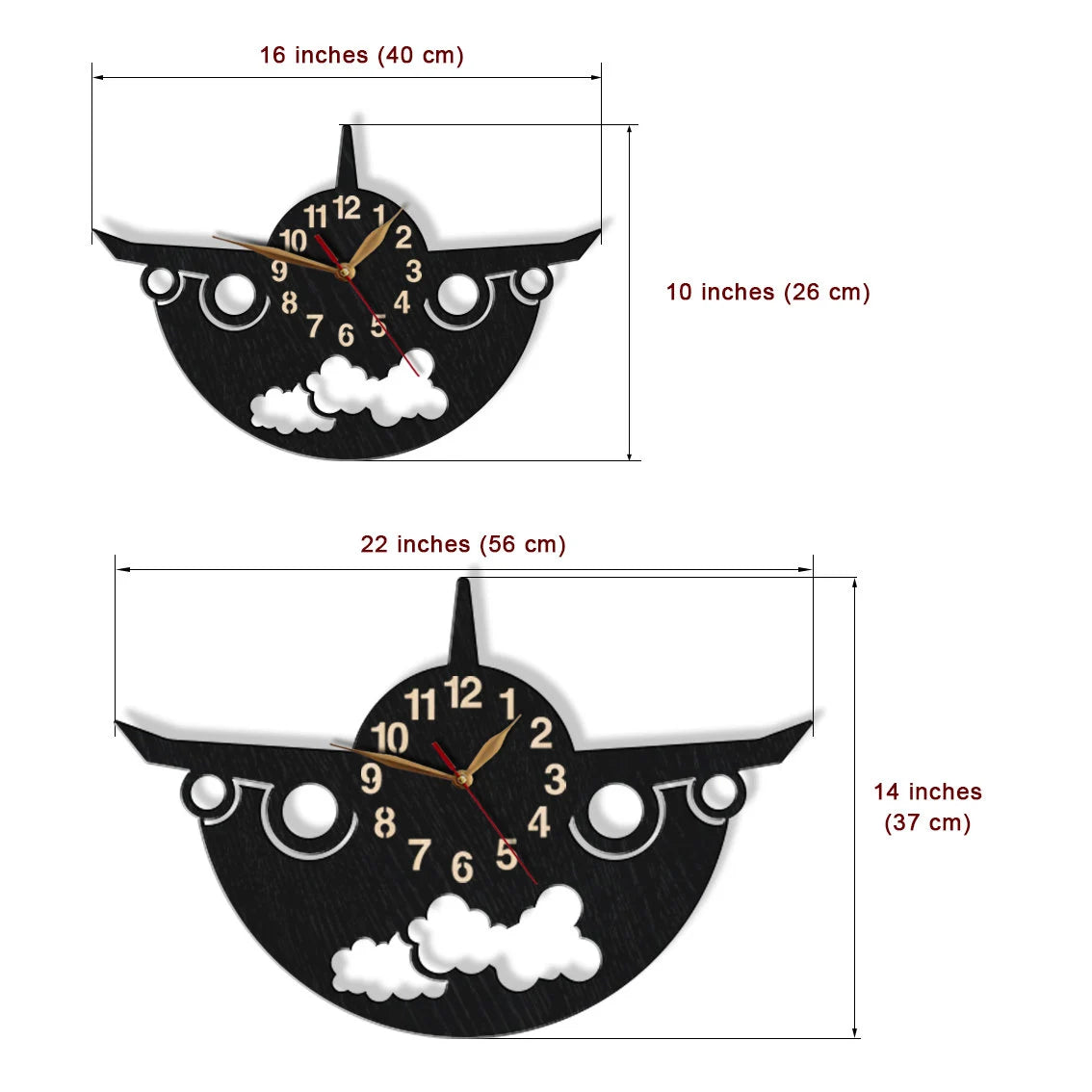 Two size options of airplane clock with dimensions