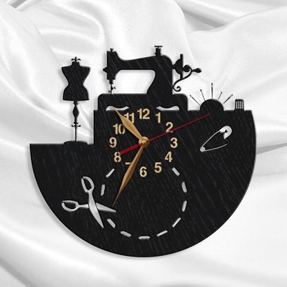 Wall clock in sewing machine shape with dress form and scissors