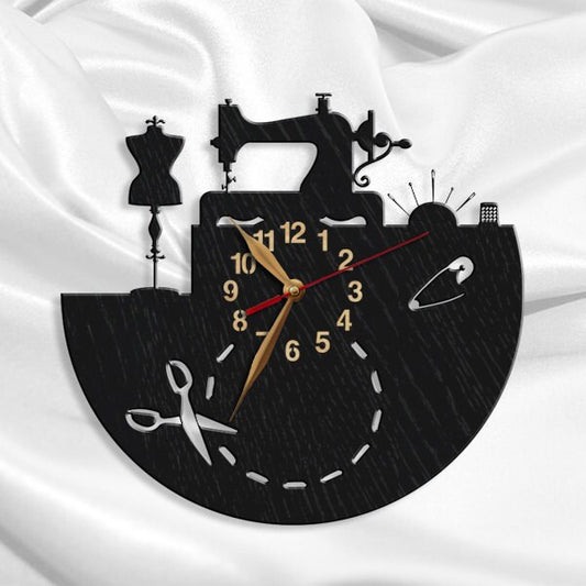 Wall clock in sewing machine shape with dress form and scissors